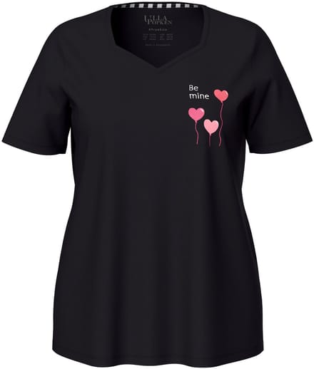 Ulla Popken - Dames - Pyjamashirt harten korte mouwen - Zwart - Maat 50+