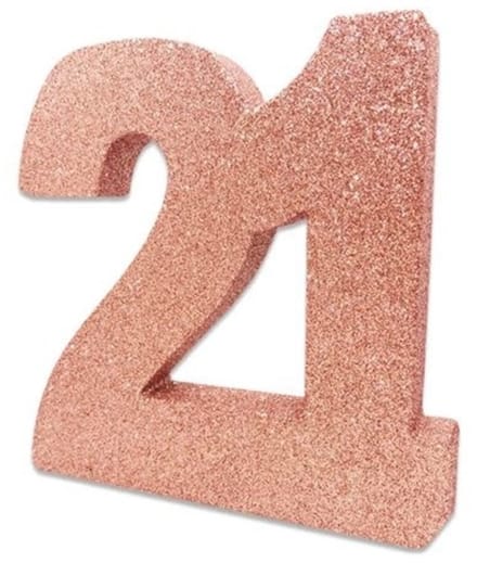 Tafeldecoratie verjaardag 21 rosegoud.