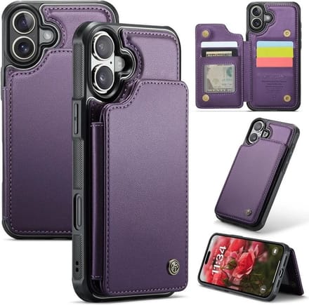 Luxe Portemonnee Backcover met Anti-RFID kaarthouders voor iPhone 16 Plus_ Paars