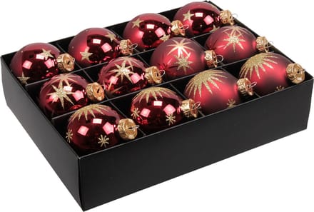 Othmar Decorations Kerstballen - gedecoreerd -12x st - donkerrood - D7,5 cm - glas - luxe
