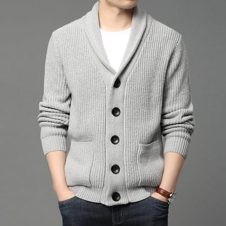 Mode nouveaux hommes à manches longues pull Cardigan poche col roulé pur tricots de couleur S gris