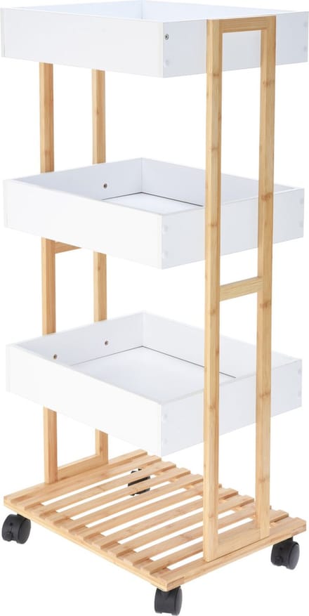 HS Collection Keukentrolley - 32 x 32 x 82 cm - wit - bamboe hout - badkamer trolley