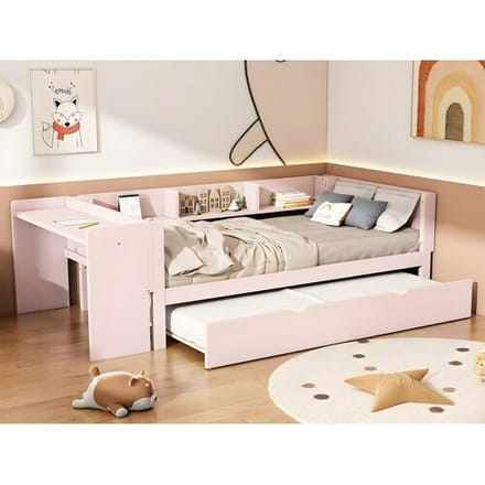 ModernLuxe Eenpersoonsbed 90x200 cm met onderschuifbed - met bureau ernaast - Roze