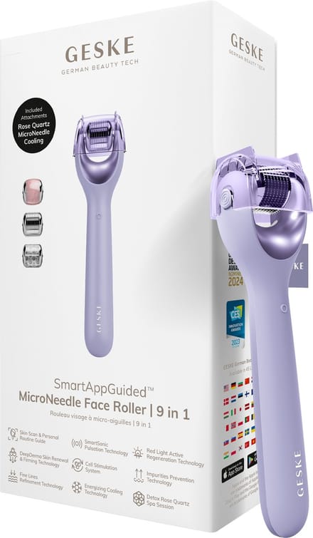 GESKE | SmartAppGuided™ MicroNeedle Face Roller | 9 in 1 | met rozenkwarts | Microneedling | Professioneel Microneedling-apparaat | Naaldroller | Schoonheidsrollergezicht | Micronaaldroller