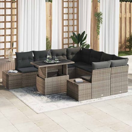vidaXL Tuinbank Set met kussen met opslag 9 pcs Grijs poly rattan