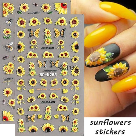 Autocollant pour ongles tournesol, Design d'automne, fleur, papillon, abeille yellow