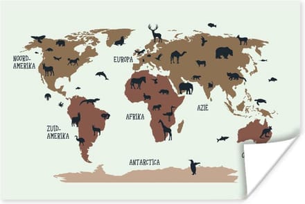 Wereldkaart Kinderen - Dieren - Bruin - 30x20 cm - Poster