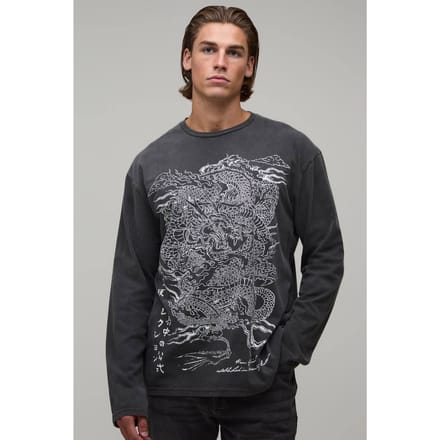 Oversized T-shirt Met Lange Mouwen En Drakenprint In Washed Look | Charcoal | Size Large