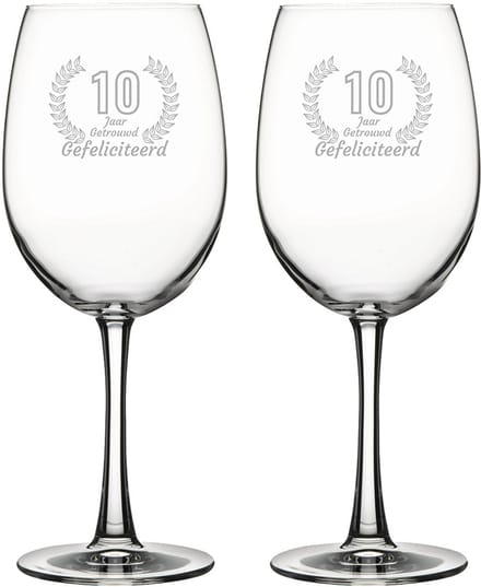 Gegraveerde set rode wijnglazen 46cl Gefeliciteerd 10 jaar getrouwd