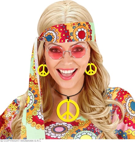 Hippie Peace ketting en oorbellen geel