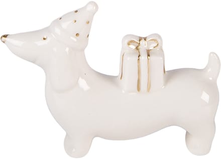 Clayre & Eef Kerstdecoratie Beeld Hond 8x2x5 cm Wit Porselein