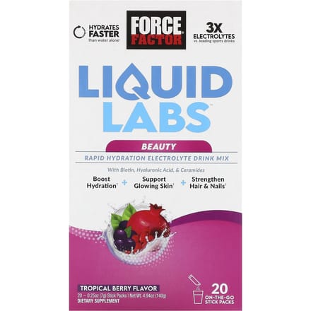 Force Factor, Liquid Labs Beauty, Mélange de Boisson Électrolytique pour Hydratation Rapide, Baies Tropicales, 20 Sachets Sticks, 0,25 oz (7 grammes) Chaque