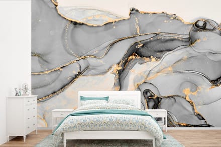 Behang - Fotobehang Marmer - Goud - Grijs - Breedte 420 cm x hoogte 280 cm
