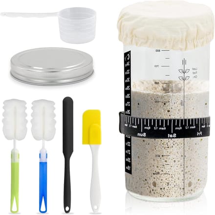 Complete set voor het maken van zuurdesem met fermentatieglas, spatula, temperatuurpapier en deksels