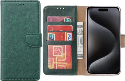 Hoesje Geschikt voor iPhone 15 Pro – Arara bookcase met pasjeshouder- Groen