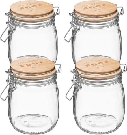 5Five Weckpot/voorraadpot - 4x stuks - 0,75L - glas - houten deksel en beugelsluiting - luchtdichte afsluiting