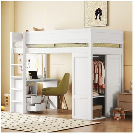 Verhoogd bed - MUVOE - 90x200cm - Wit - Met kast en bureau - 2 opberglades wit