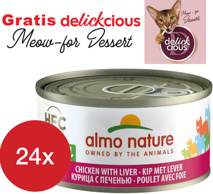Almo Nature kip met lever 24 x 70 gram met GRATIS Delickcious dessert