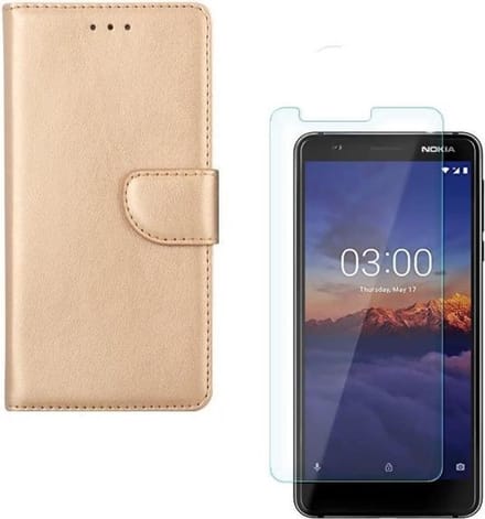 hoesje Geschikt voor: Nokia 2.2 Portemonnee Goud met 2 stuks Glas Screen protector