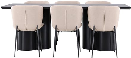 Olivia eethoek tafel 100x210cm en 6 bouclé stoelen zwart.