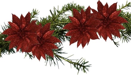 Kerstboomversiering Bloemen - 4x stuks - 9 cm - rood glitter - op clip