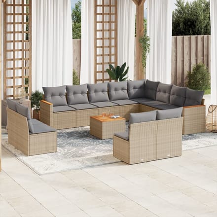 vidaXL - 13-delige - Loungeset - met - kussens - poly - rattan - gemengd - beige