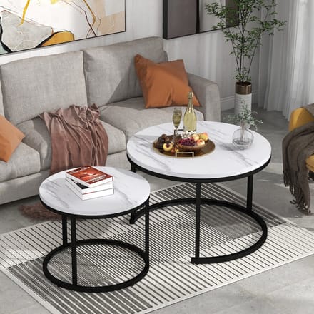 REDOM Salontafel set van 2, MDF met marmerlook, rond ontwerp (50x70.5 cm + 45.5x44 cm)