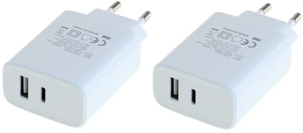 2 stuks OneOne 20W snellader met 2 poorten. Witte oplader met USB C en USB A. PD en Quick Charge lader adapter past op Apple iPhone 13 Mini, iPhone 13 Pro, iPhone 13 Pro Max, iPhone 14, iPhone 14 Plus, iPhone 14 Pro, iPhone 14 Pro Max