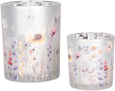 Clayre & Eef Theelichthouder Set van 2 Ø 7x8 / 10x13 cm Grijs Glas Bloemen