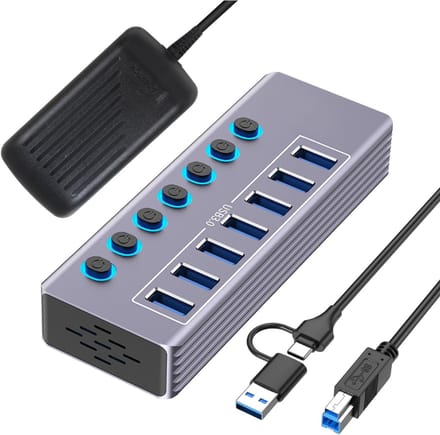 RUX® USB Hub met Voeding - USB Hub - USB Splitter - Grijs - 13cm x 5cm x 3cm