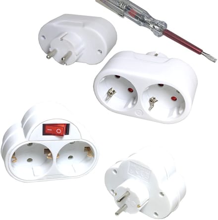 2X Horizontale stekker + 2x Duo dubbel stopcontact met schakelaar verloop verdeel RA max 3500 Watt + spanningszoeker