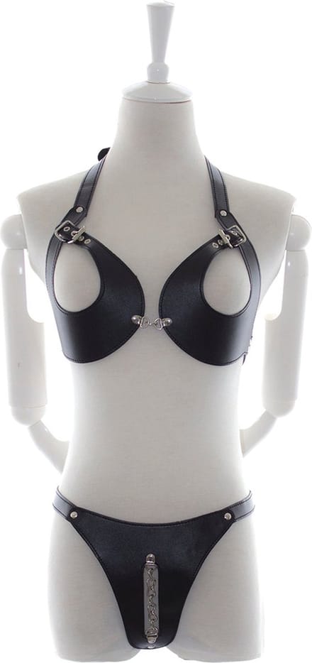 Fixxx - Fetish BH en Slipje met Open Kruis - Nr. 2 - PU-Leer - One Size - Zwart