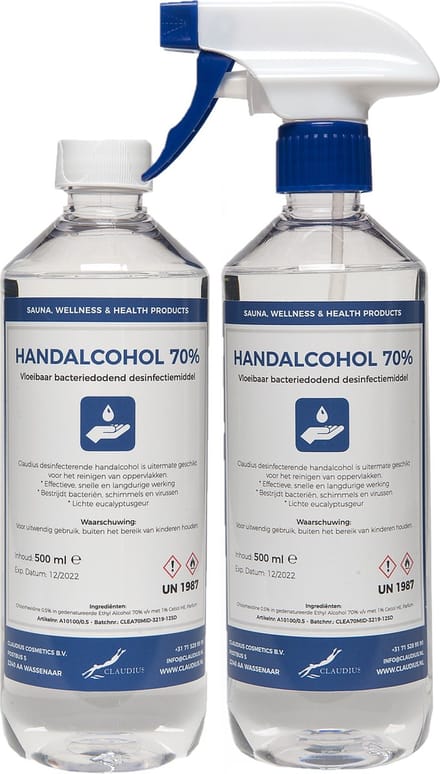 Handalcohol spray 70% - 500 ml met spraykop + 500 ml met dop