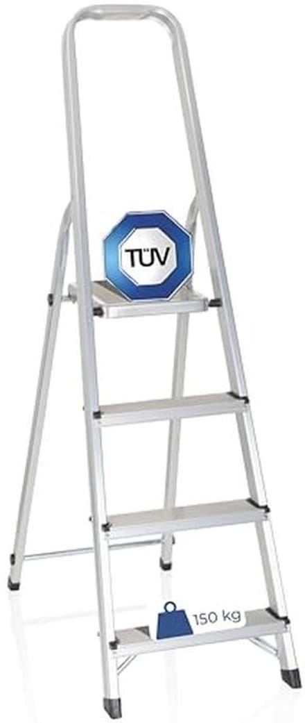 Klapladder Aluminium - Vouwladder Trapladder - Veilig Klussen - Groot Antislip Platform - 4 Treden - Zilver