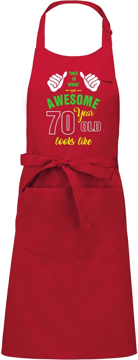 Leeftijd cadeau - Luxe keukenschort - BBQ schort - verjaardag - Awesome 70 jaar - rood
