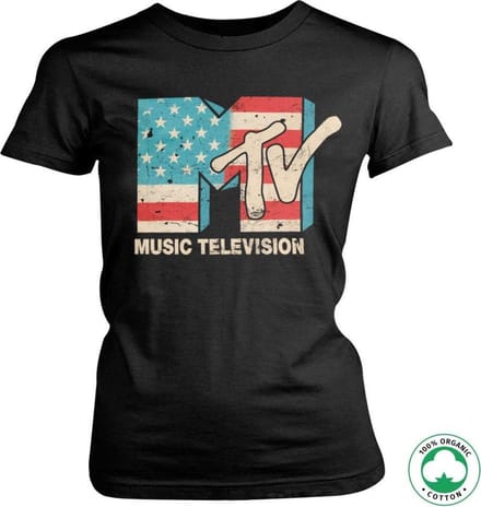 MTV Dames Tshirt -S- Distressed USA Flag Organic Zwart