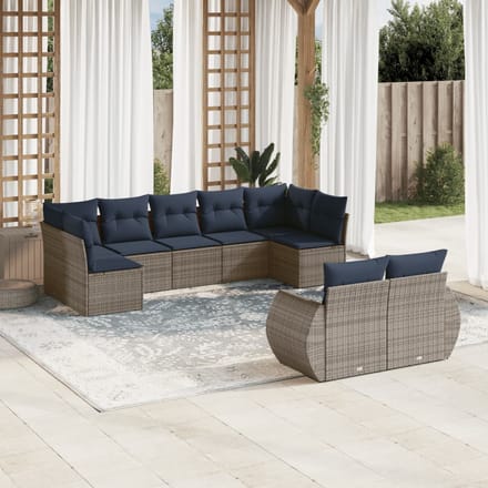 vidaXL - 9-delige - tuinbankset - met - kussens, - grijs - polyrotan