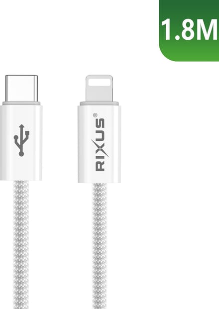 Rixus RXUC08L Fast Charging Cable USB-C To Lightning Cable Braided Nylon 1.8m White