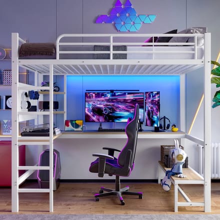 Hoogslaper - 90 x 200 cm - bureau - reling - ladder - plank - met USB Type-C-aansluiting - met LED-verlichting - zonder matras - wit