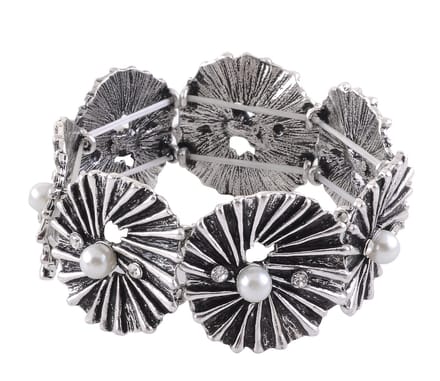 Behave - Armband - Vintage zilverkleur - Elastische met steentjes en parels