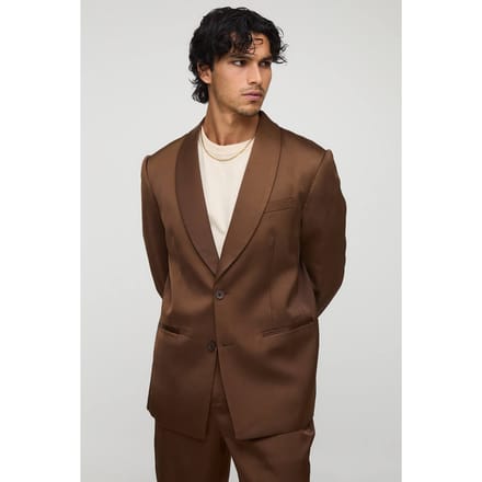Relaxed Fit Satin Shawl Collar Blazer | Chocolate | Size 48