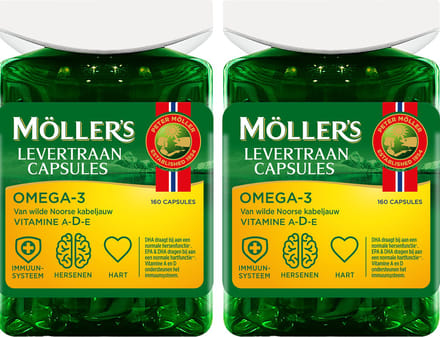 Möller’s Omega-3 Levertraan - 2 x 160 capsules - Omega-3 capsules met vitamine D – Levertraancapsules – Levertraan met vanillesmaak