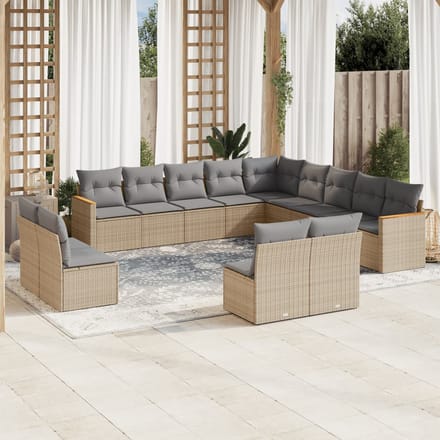 vidaXL - 13-delige - Loungeset - met - kussens - poly - rattan - gemengd - beige