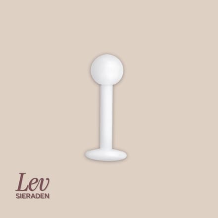 Lev Sieraden - 1.2 x 8 mm Bioplastic labret met 3mm ball - Wit kleurig - Retainer piercing - PTFE - Bioflex