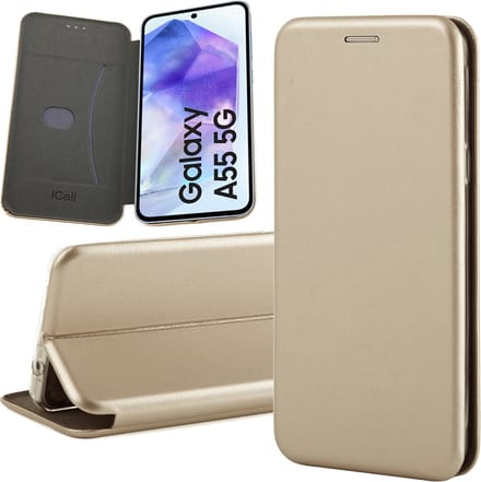 Hoesje geschikt voor Samsung Galaxy A55 - Screenprotector Glas & Camera - Wallet Book Case Goud