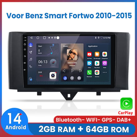 Awesafe Autoradio Geschikt Voor Mercedes Benz Smart Fortwo 2010 t/m 2015 - Android 14 - Draadloos Apple Carplay & Android Auto - 2GB + 64GB - 4 Core processor - Bluetooth & Wifi GPS Navigatie - 2010 2011 2012 2013 2014 2015