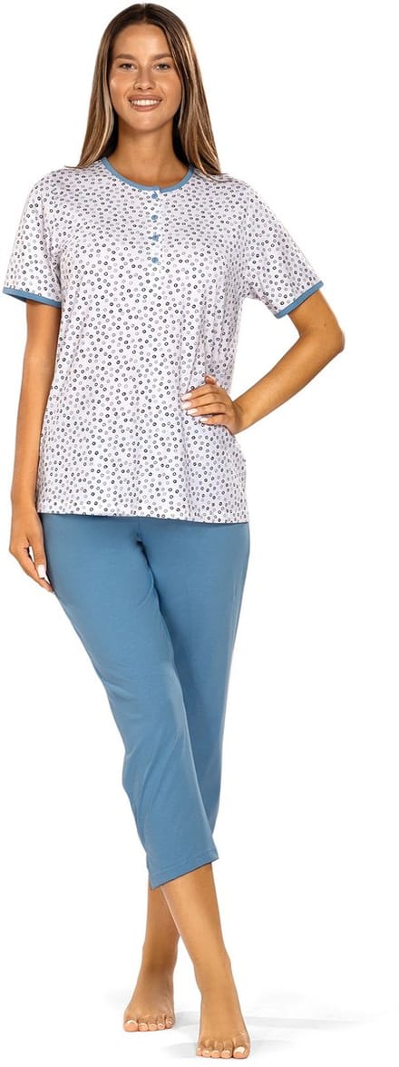 Comtessa Dames Pyjama - Katoen - Zomer - 7/8 broek - Wit Blauw - Maat 50