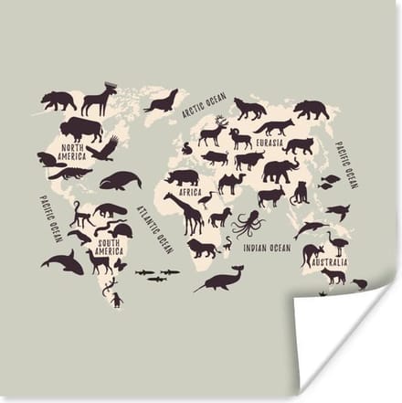 Wereldkaart Kinderen - Dieren - Beige - 30x30 cm - Poster