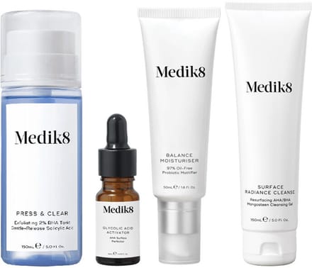 Medik8 Surface Radiance Cleanse 150ml + Press & Clear Cleanser 150ml + Balance Moisturiser + Glycolic Adic Activator 50ml