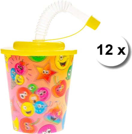 12 stuks 3D beker met rietje en deksel - herbruikbaar - Emotie - lachgezicht
